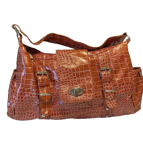 Orange Alligator Embossed Hobo Shoulder Bag Handbag Pockets Glossy Patent Finish - Picture 12 of 16